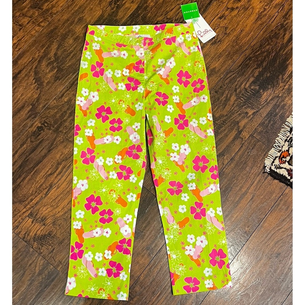 NWT Lilly Pulitzer Lilly Capri Pants Floral Flip Flops Beach Women's Size 6